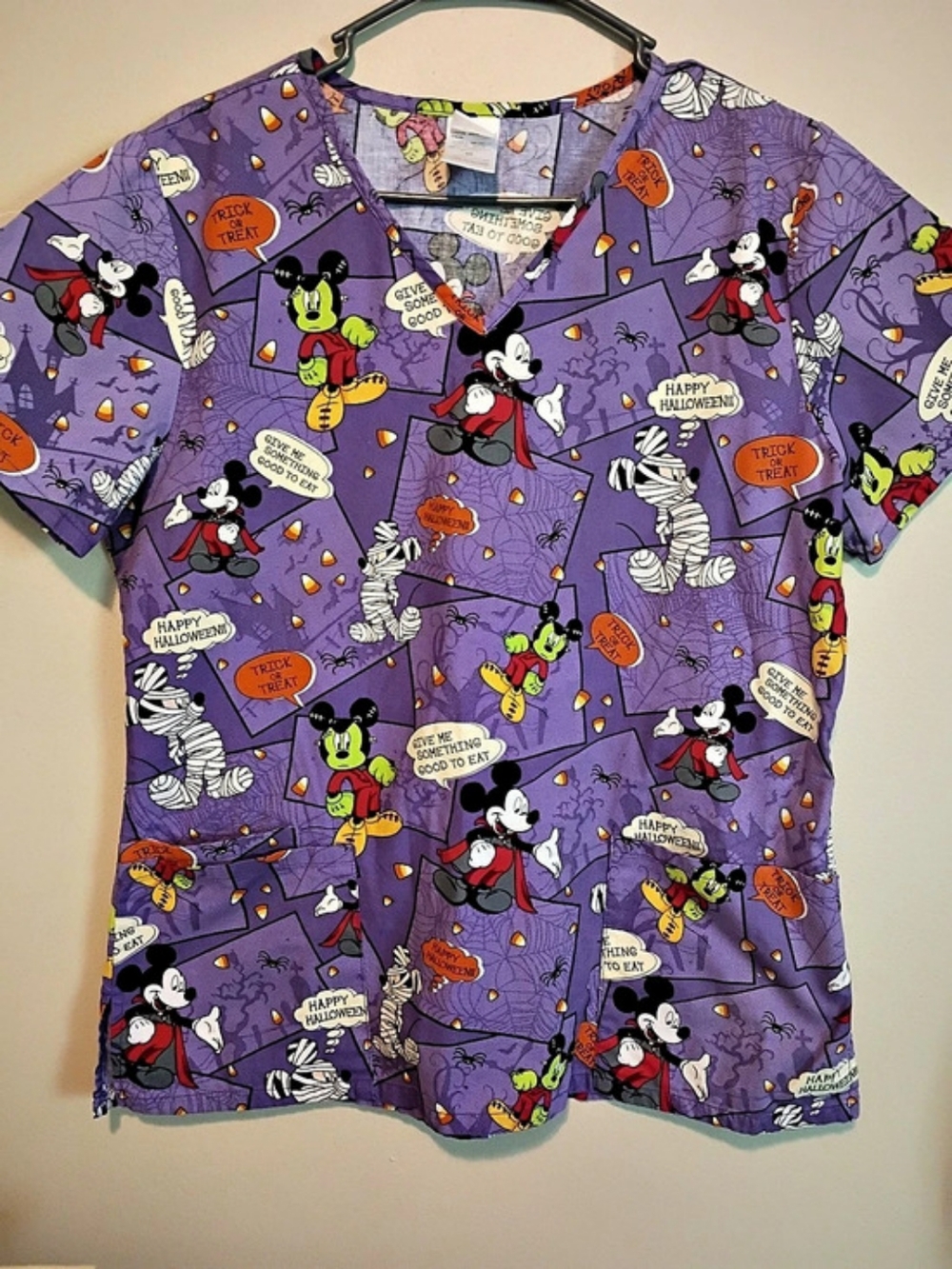 Disney Mickey Mouse Halloween Vampire & Mummy Purple Scrub Top Medium
